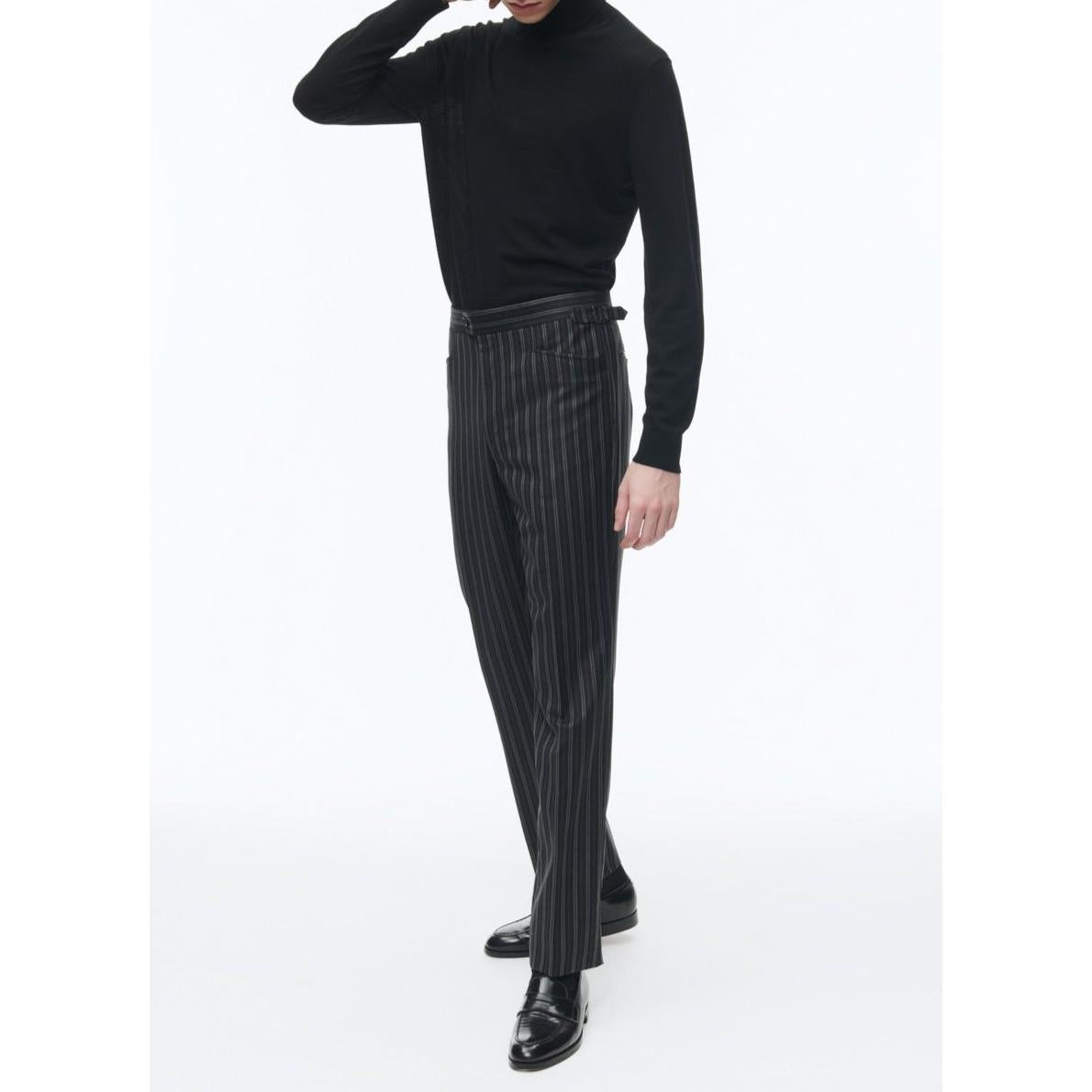 Fitted Virgin Wool Trousers - Black - Irregular Stripes