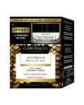 Packaging of the gold and black box containing the jar of Mystérieux day cream and a free night miniature