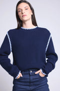 Paloma Contrast Shoulder Crew-Neck Jumper - Navy Blue Sky Blue - Women