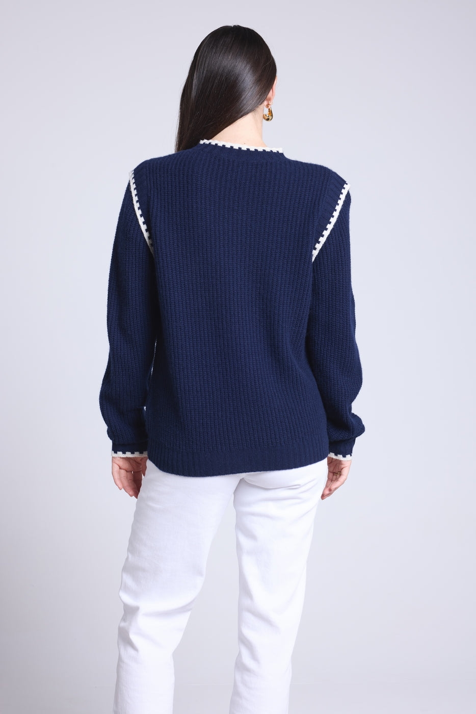 Paloma Contrast Shoulder Crew-Neck Jumper - Navy Blue Sky Blue - Women