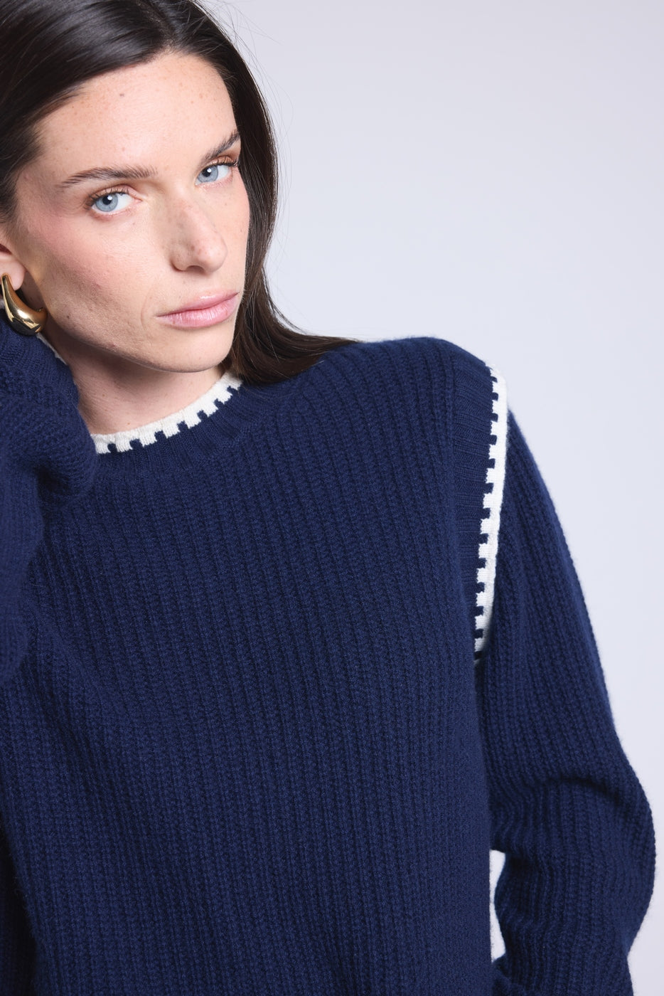 Paloma Contrast Shoulder Crew-Neck Jumper - Navy Blue Sky Blue - Women