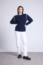 Paloma Contrast Shoulder Crew-Neck Jumper - Navy Blue Sky Blue - Women