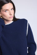 Pull Col Rond Epaules Contrastees Paloma - Bleu Marine Blanc - Femme - Cachemire Et Laine