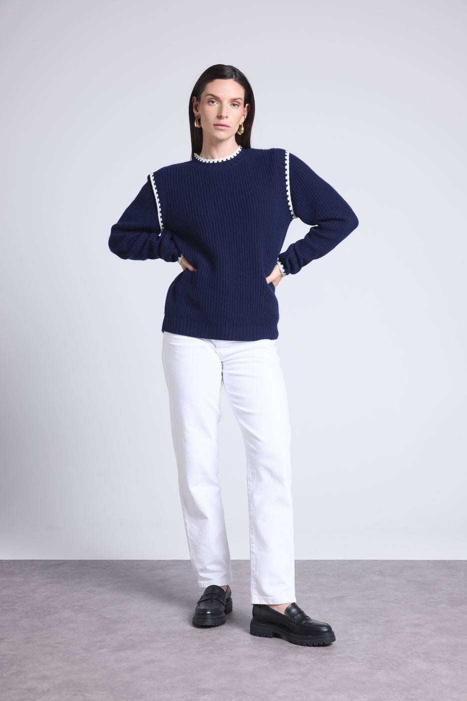 Pull Col Rond Epaules Contrastees Paloma - Bleu Marine Blanc - Femme - Cachemire Et Laine