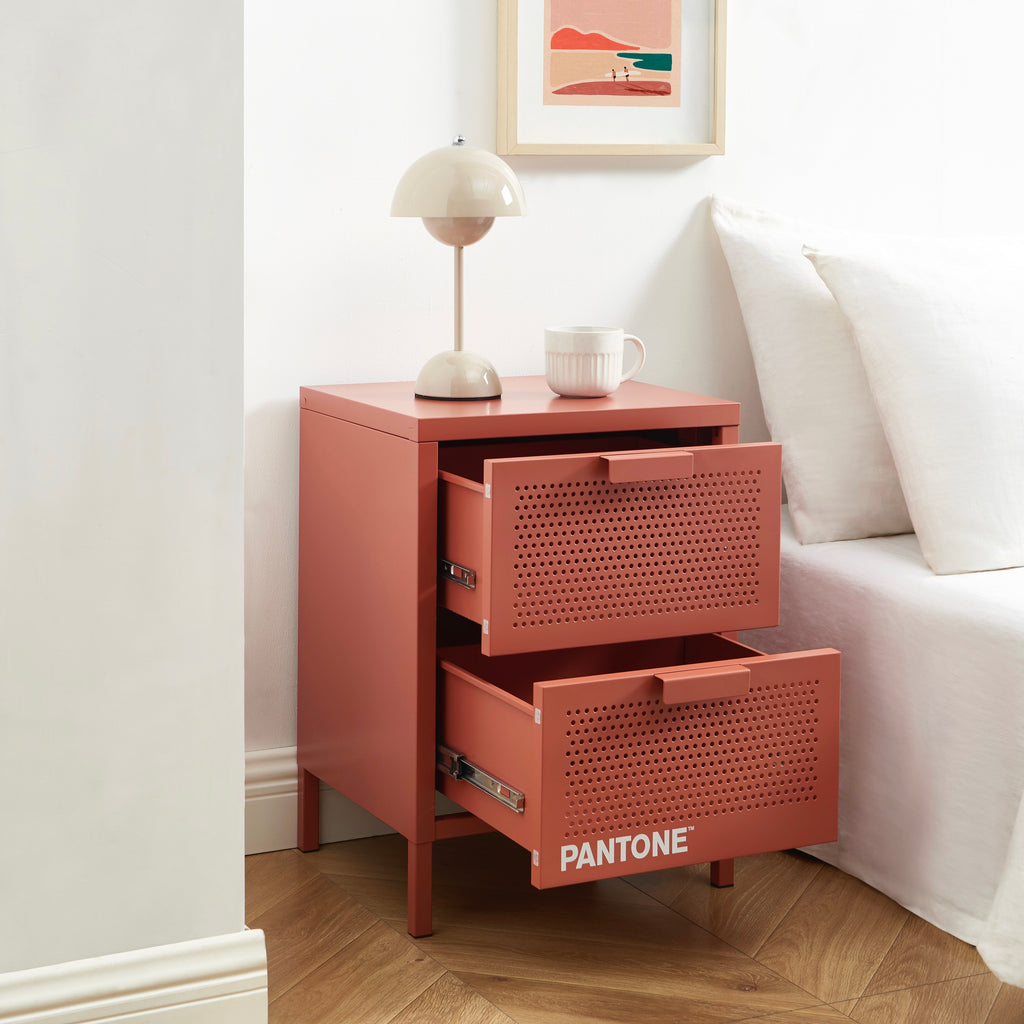 Bedside Table - Metal - Terracotta - Double Drawers