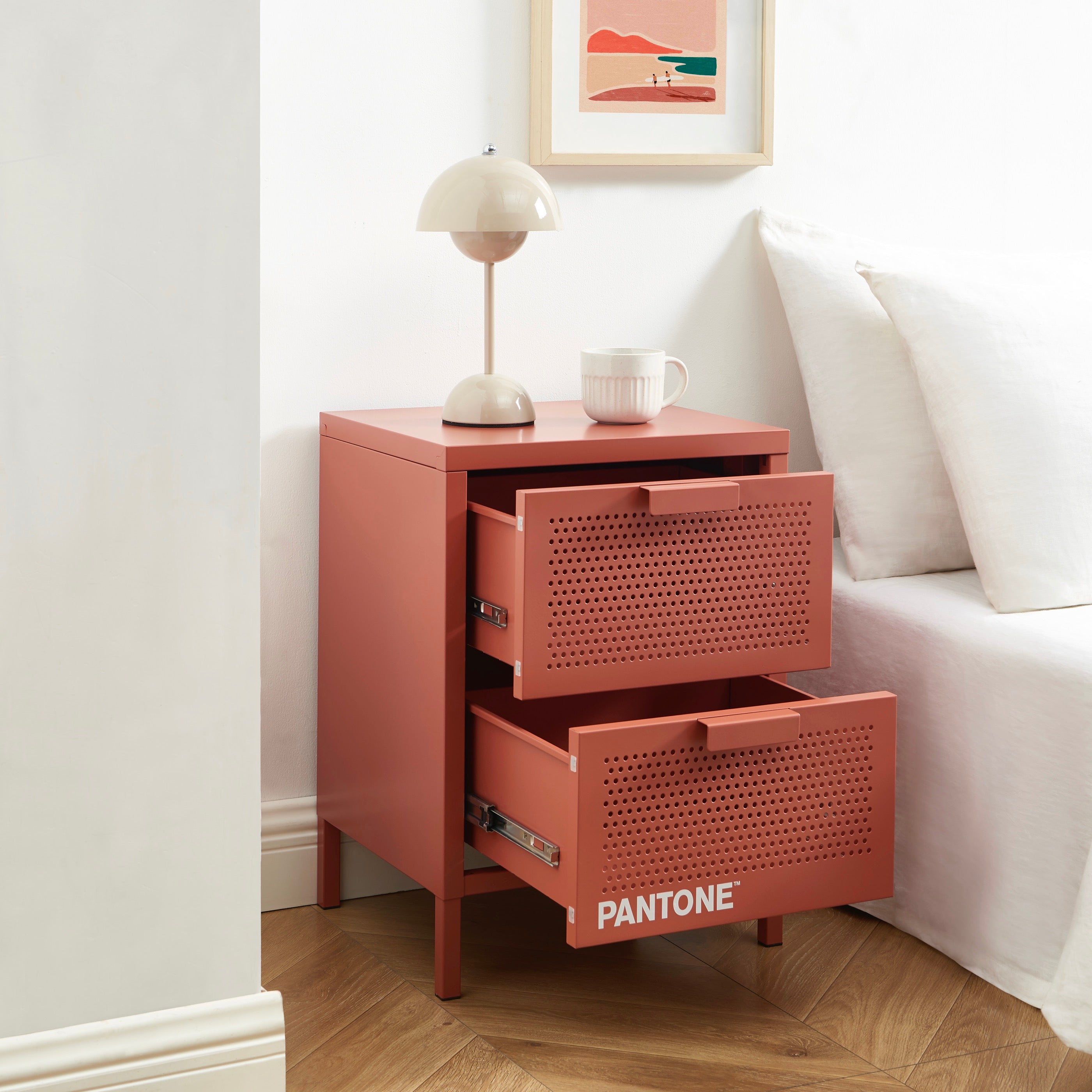 Bedside Table - Metal - Terracotta - Double Drawers
