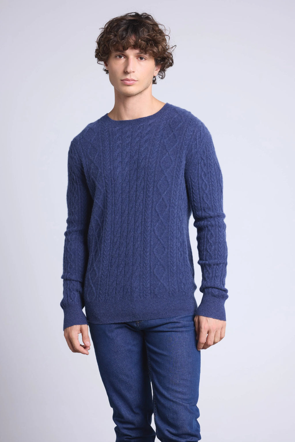 Pull Torsade Col Rond Paul - Bleu Indigo - Homme - 100% Cachemire