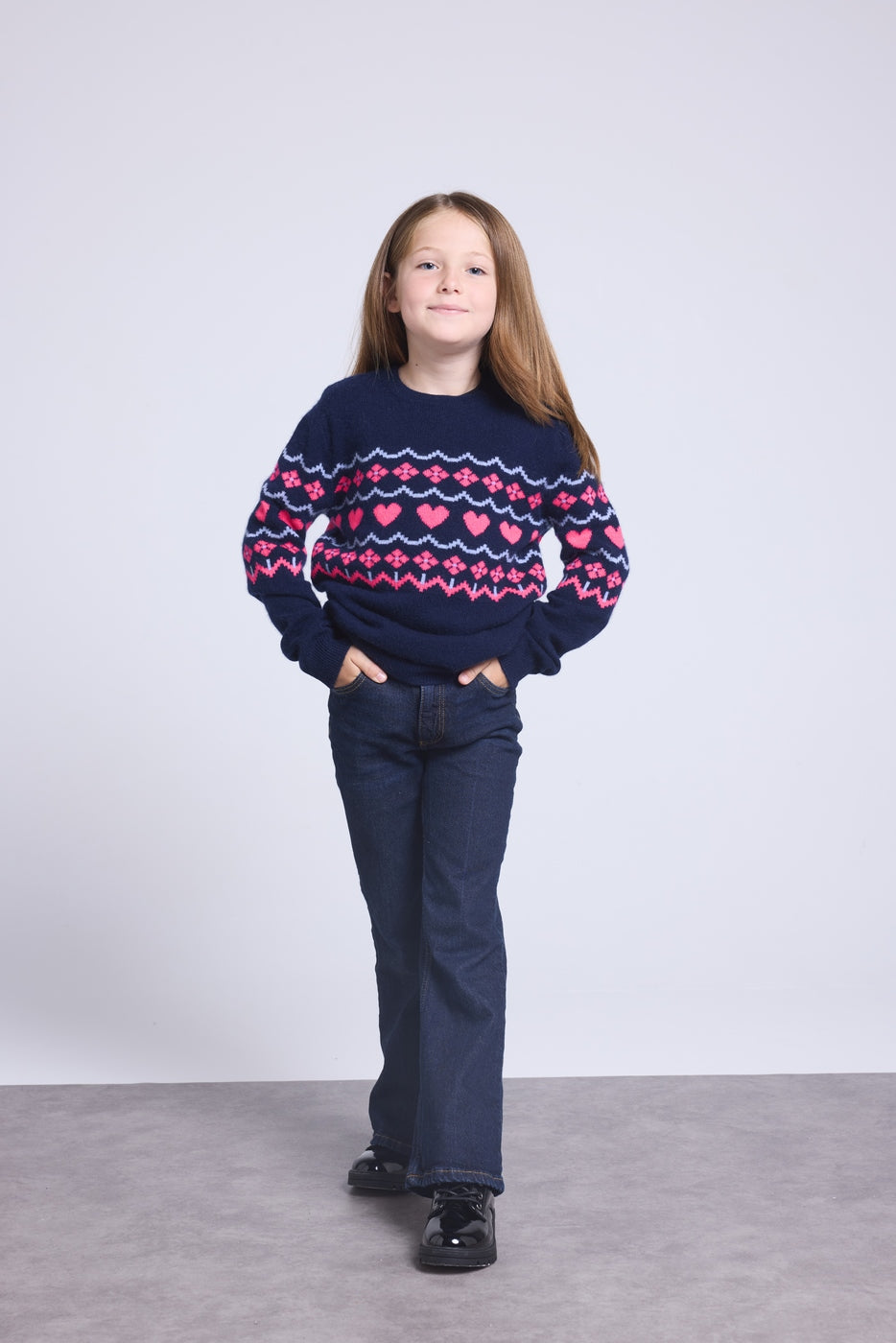 Jersey de cuello redondo con corazones Peppa - Azul marino rosa flúor - Niña