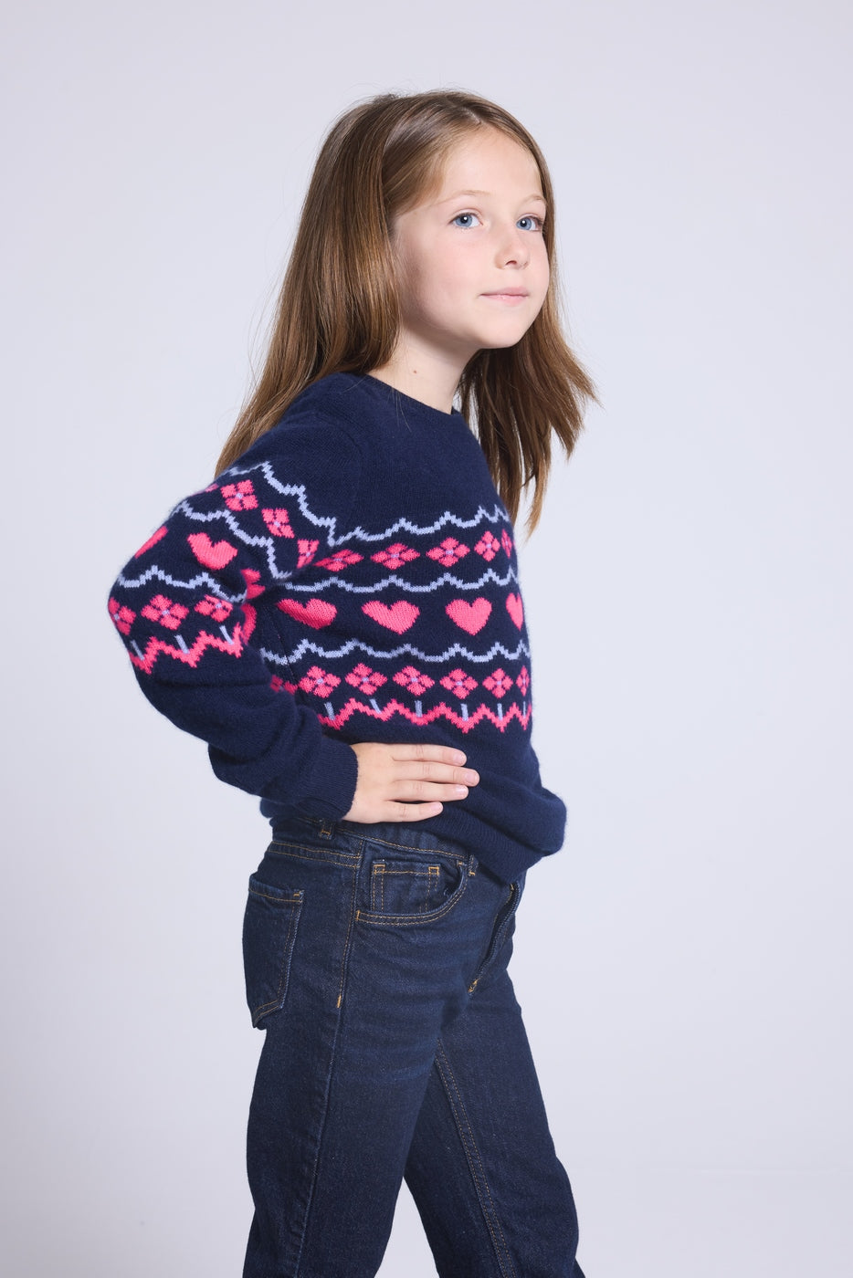 Jersey de cuello redondo con corazones Peppa - Azul marino rosa flúor - Niña