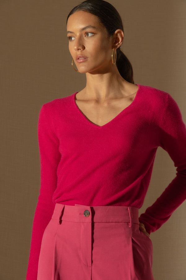 V-halset Strikbluse Shannon - Fuchsia