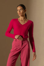 Trui met V-hals Shannon - Fuchsia