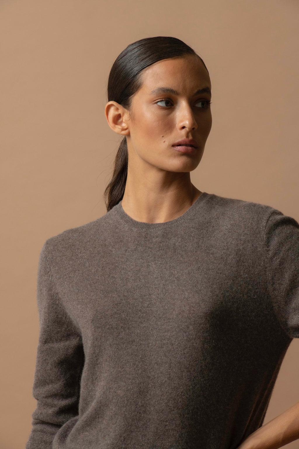 Sweter z Okrągłym Dekoltem Zapinany z Tyłu Vanessa - Melanżowy Taupe