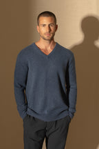 V-Ausschnitt-Pullover 4-fädig Enzo - Melange-Ozeanblau