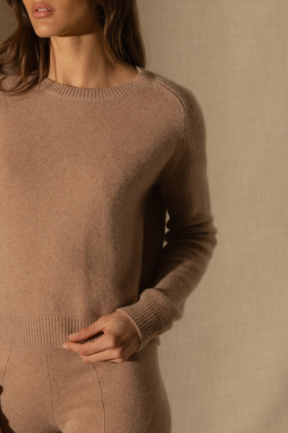 Jersey 4 Hilos Cuello Redondo - Lila - Camel Jaspeado