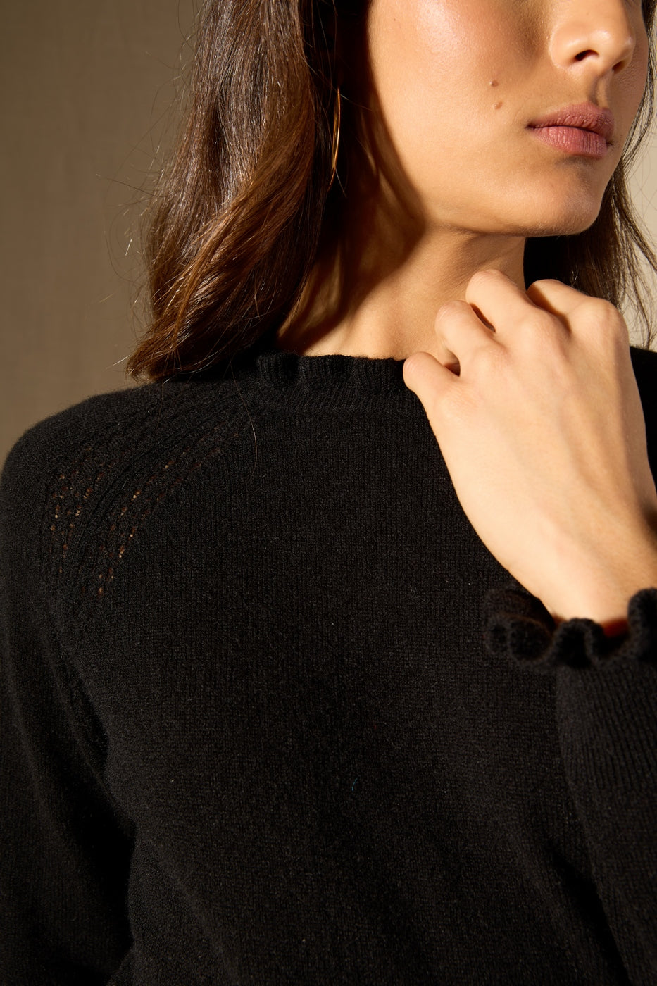 Arlenia Ruffle Cuff and Collar Crew-Neck Jumper - 100% 2-Ply Cashmere - Black - Women