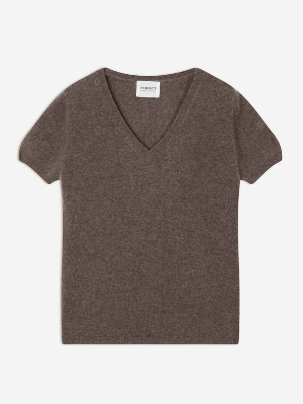 T-shirt z dekoltem w serek Efimia – Melanż taupe