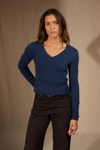 Gaby 4-Ply V-Neck Jumper - Mottled Ocean