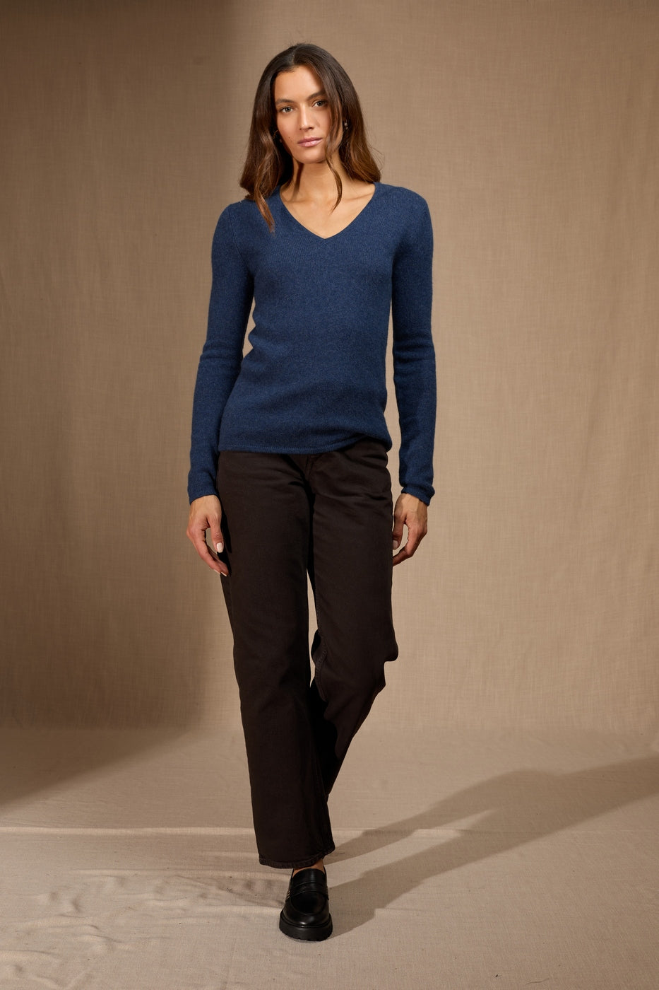 Gaby 4-Ply V-Neck Jumper - Mottled Ocean