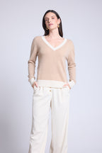 V-Ringad Ribbstickad Tröja Färg Perla - Beige Gräddvit - Dam - 100% Kashmir