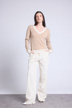 V-Ringad Ribbstickad Tröja Färg Perla - Beige Gräddvit - Dam - 100% Kashmir