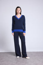Ribstrikket V-halset sweater Perla - Marineblå Kongeblå - Dame - 100% kashmir