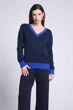 Ribstrikket V-halset sweater Perla - Marineblå Kongeblå - Dame - 100% kashmir