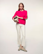 Round Neck Sweater with Multicolored Stripes on Sleeves - Tropical Raspberry