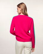 Round Neck Sweater with Multicolored Stripes on Sleeves - Tropical Raspberry