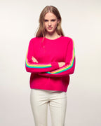 Round Neck Sweater with Multicolored Stripes on Sleeves - Tropical Raspberry