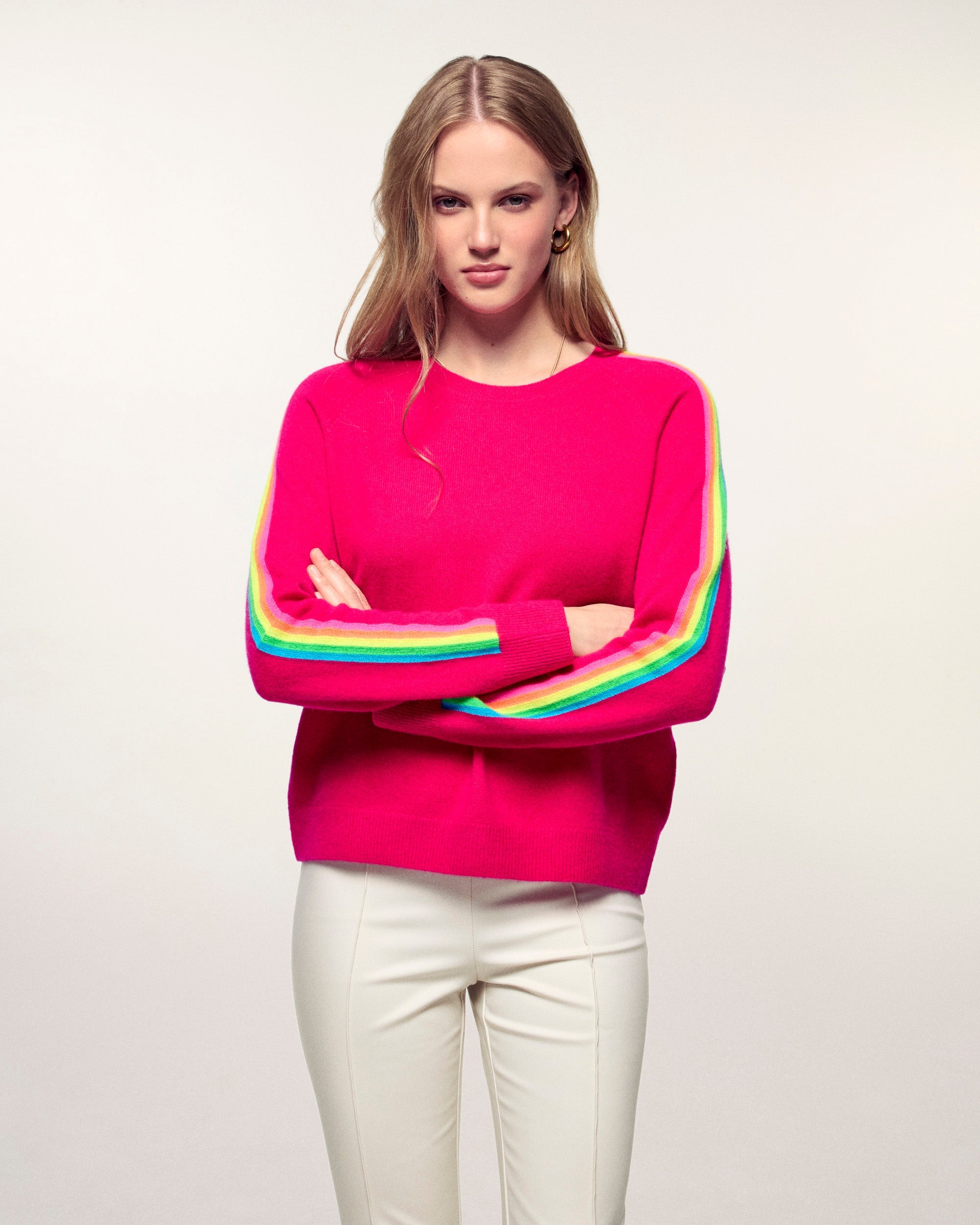Round Neck Sweater with Multicolored Stripes on Sleeves - Tropical Raspberry