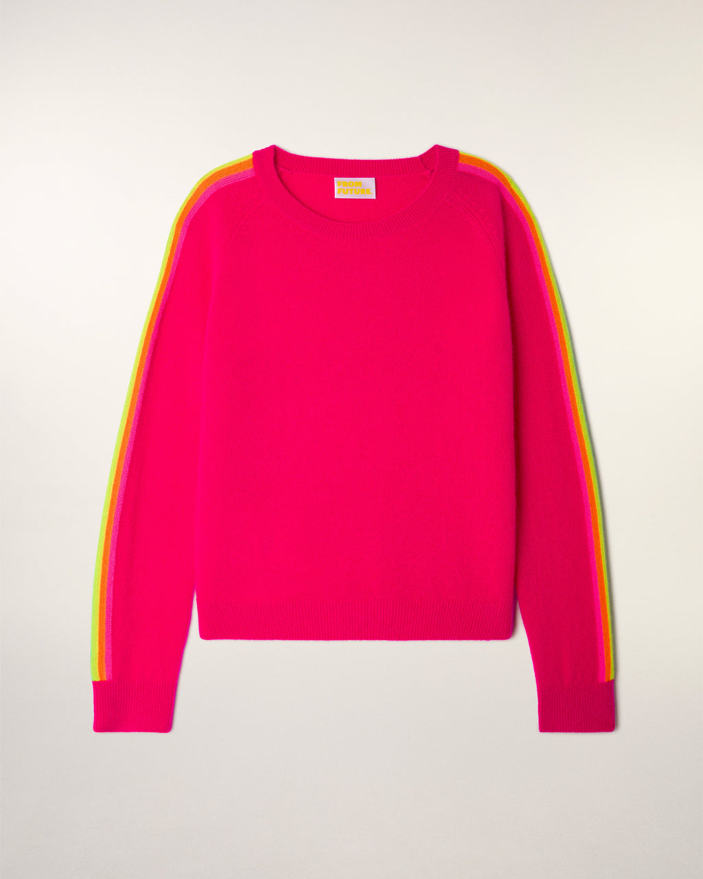 Round Neck Sweater with Multicolored Stripes on Sleeves - Tropical Raspberry