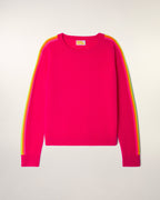 Round Neck Sweater with Multicolored Stripes on Sleeves - Tropical Raspberry