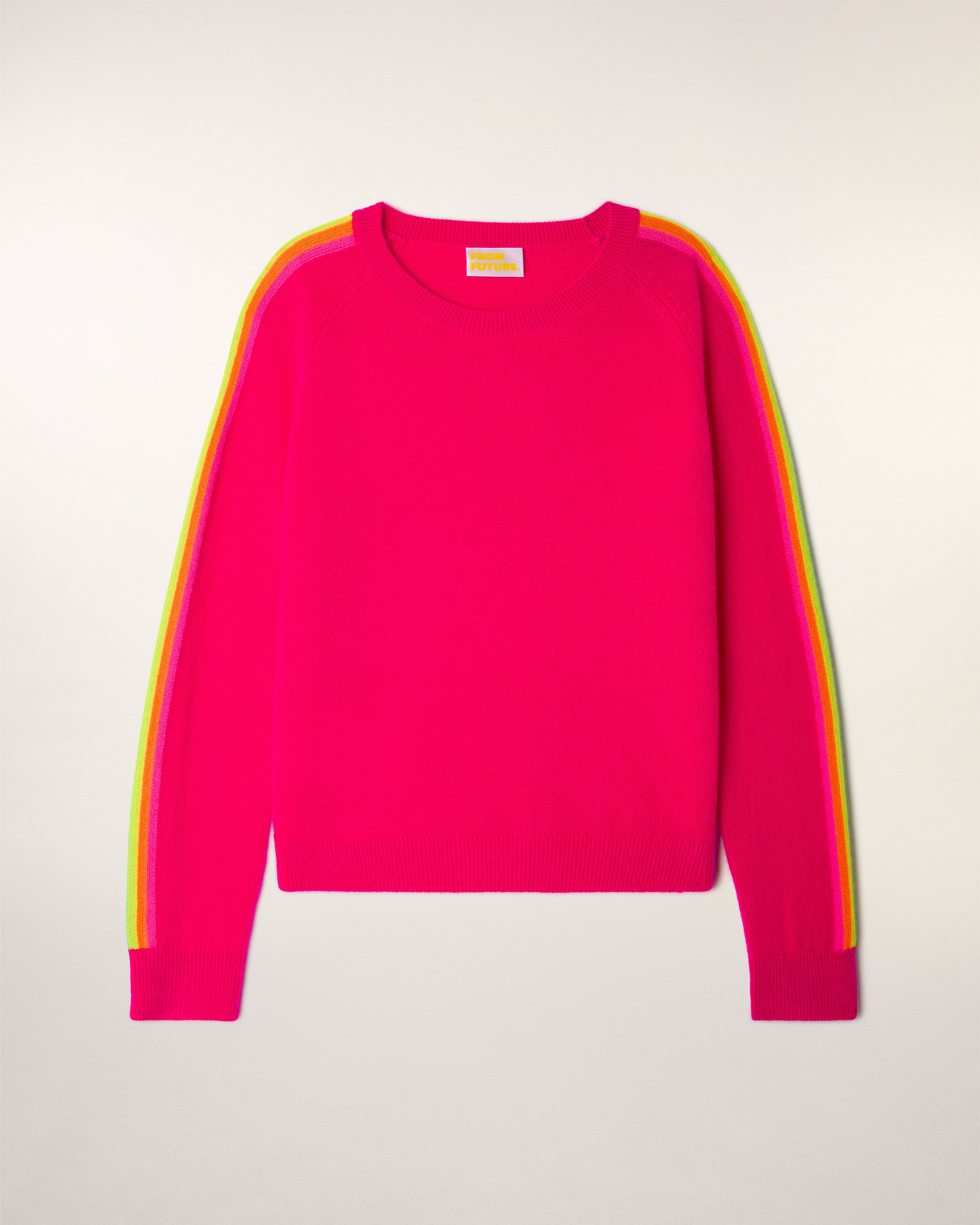 Round Neck Sweater with Multicolored Stripes on Sleeves - Tropical Raspberry