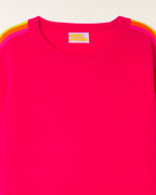 Round Neck Sweater with Multicolored Stripes on Sleeves - Tropical Raspberry