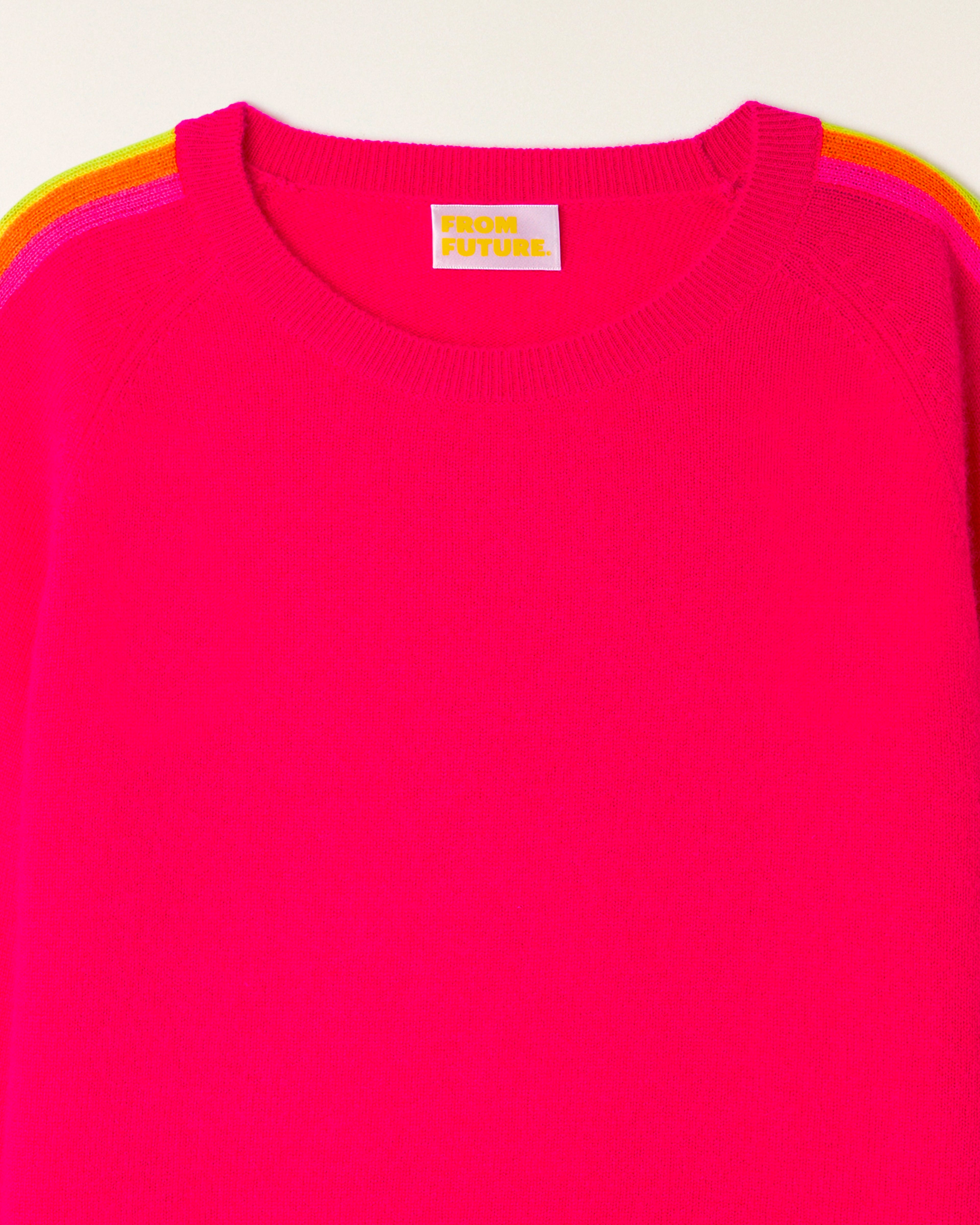 Round Neck Sweater with Multicolored Stripes on Sleeves - Tropical Raspberry