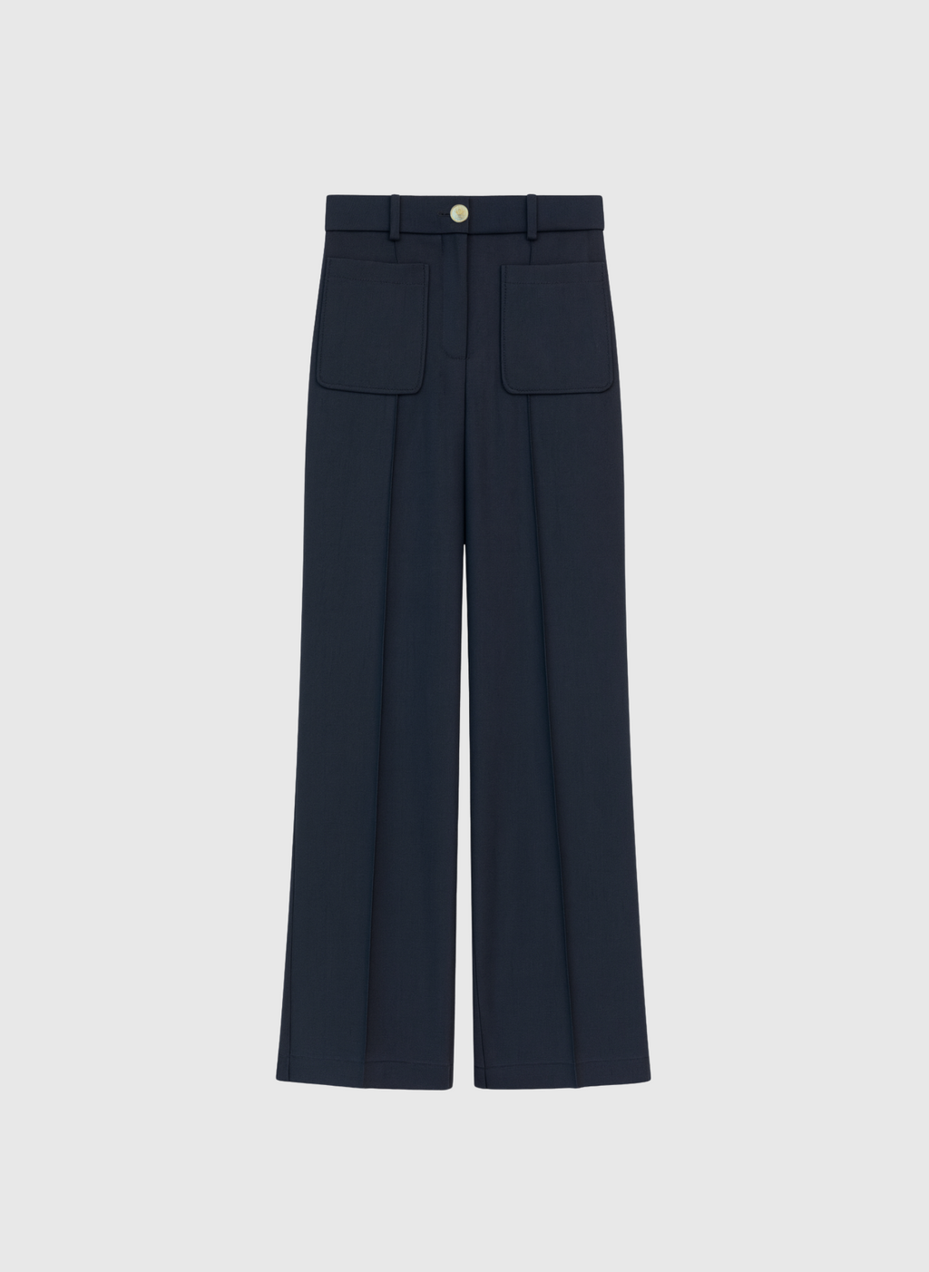 An'ge – Hose Philicia Marine, weite marineblaue Hose mit aufgesetzten Taschen und goldenem Knopf