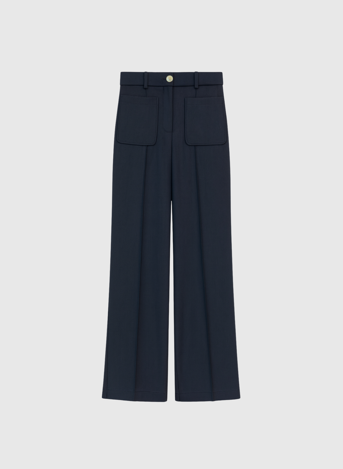 An'ge – Hose Philicia Marine, weite marineblaue Hose mit aufgesetzten Taschen und goldenem Knopf