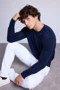 Trui met ronde hals en inzetstuk met suèdelook Philippe - Marineblauw - Heren - 100% Kasjmier