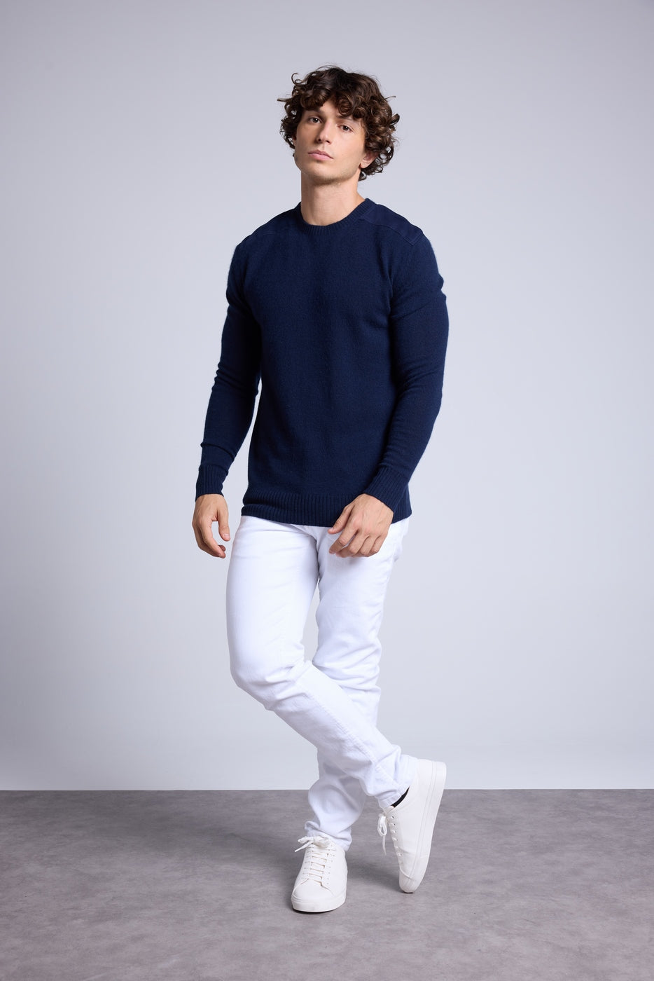 Trui met ronde hals en inzetstuk met suèdelook Philippe - Marineblauw - Heren - 100% Kasjmier