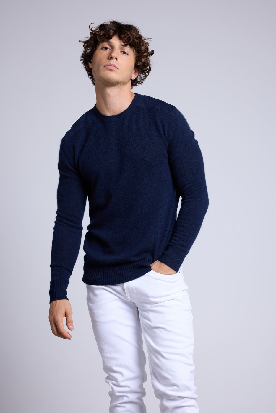 Trui met ronde hals en inzetstuk met suèdelook Philippe - Marineblauw - Heren - 100% Kasjmier
