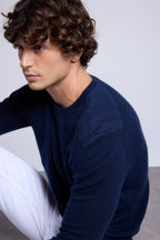 Trui met ronde hals en inzetstuk met suèdelook Philippe - Marineblauw - Heren - 100% Kasjmier