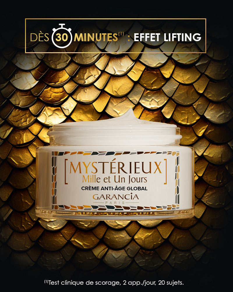 Presentation of the Mysterious Mille et Un Jours pot with the mention: From 30 minutes lifting effect