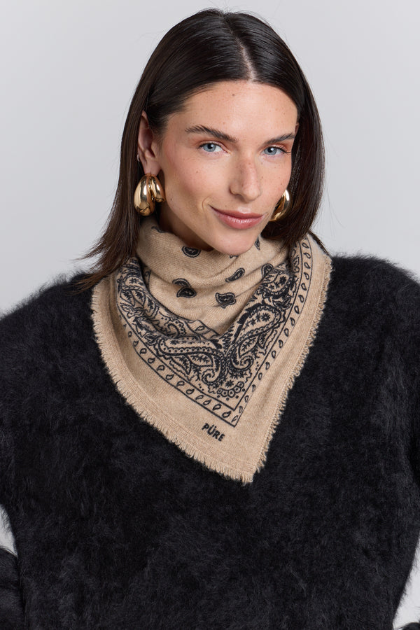 Echarpe Bandana Presley En Cachemire - Beige & Noir - Mixte - 100% Cachemire