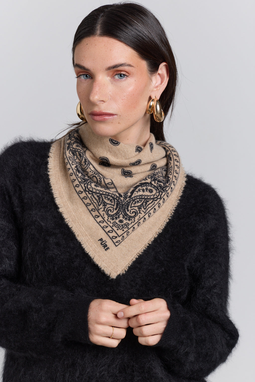 Echarpe Bandana Presley En Cachemire - Beige & Noir - Mixte - 100% Cachemire