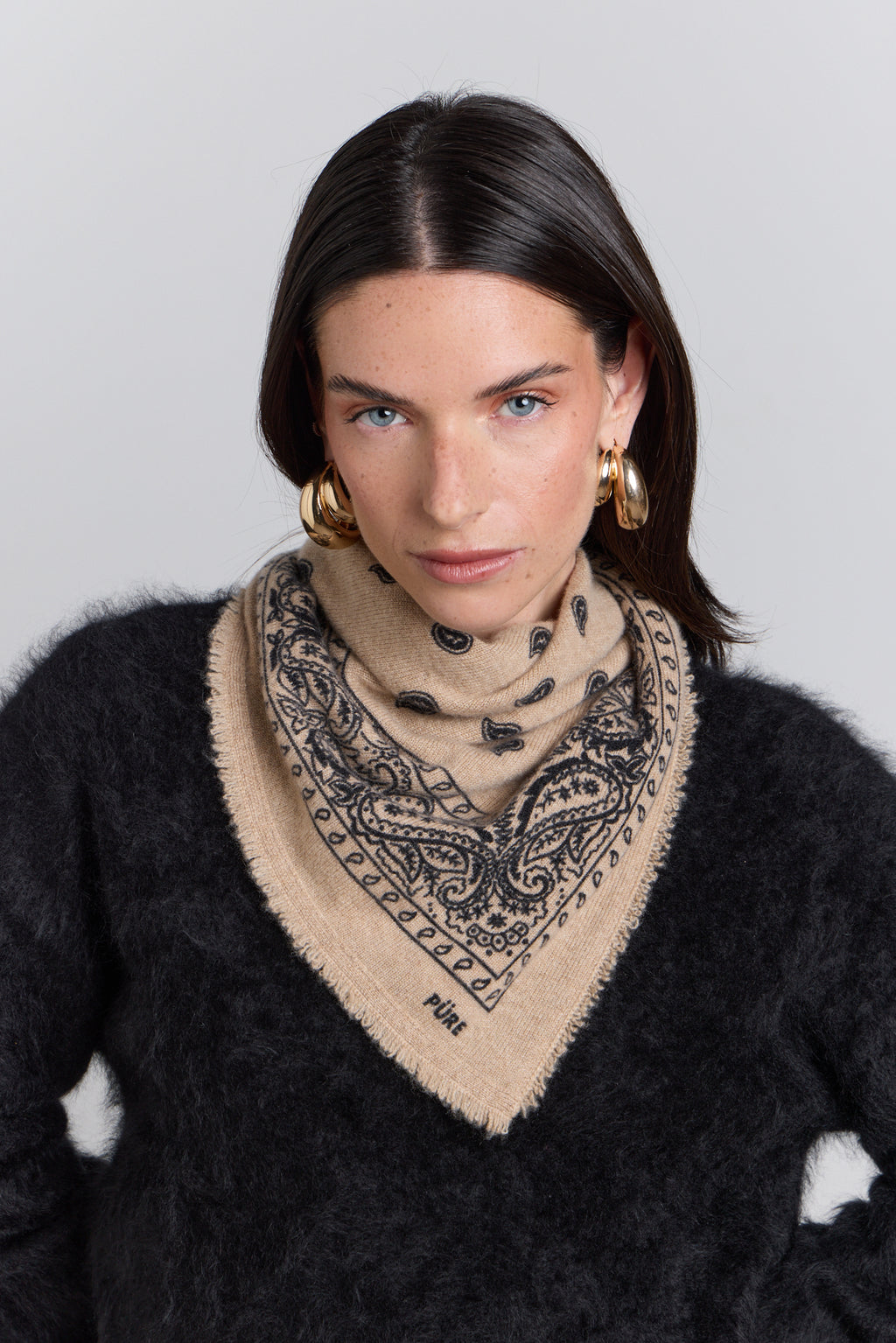 Echarpe Bandana Presley En Cachemire - Beige & Noir - Mixte - 100% Cachemire