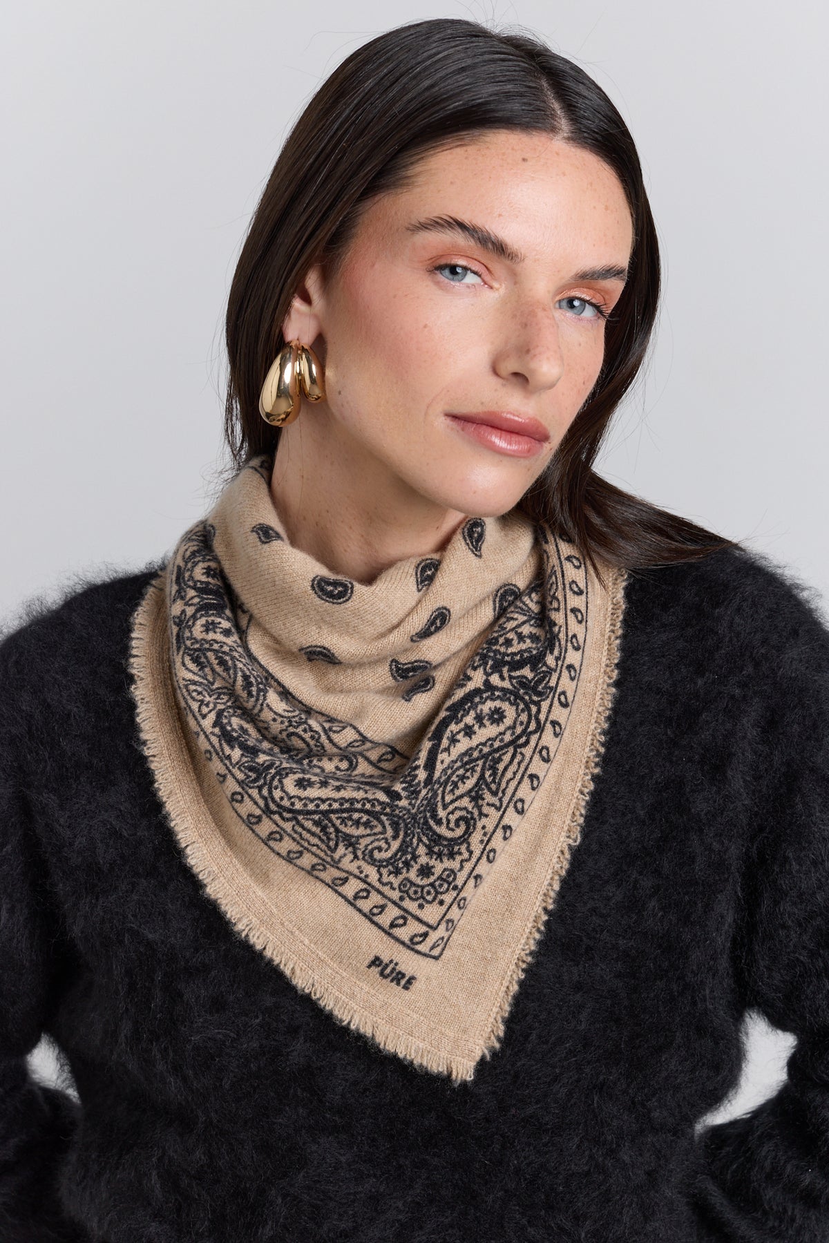 Echarpe Bandana Presley En Cachemire - Beige & Noir - Mixte - 100% Cachemire