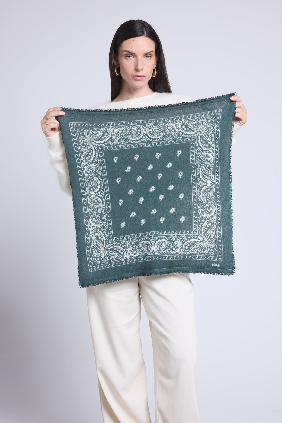 Atlas Presley Cashmere Bandana Scarf - Bottle Green & White - Mixed