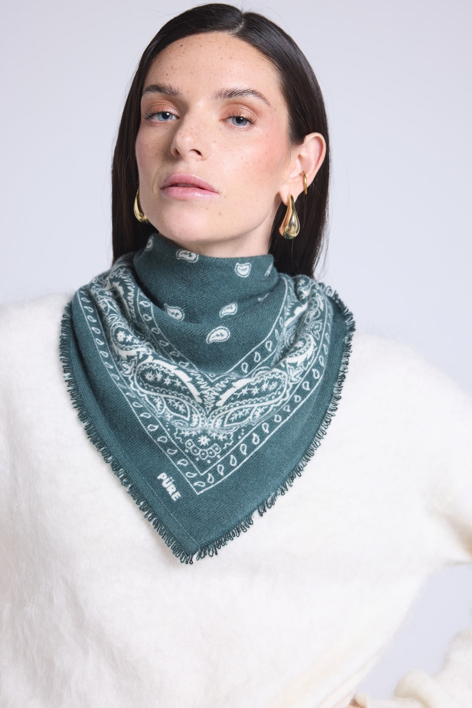 Chusta Bandana Atlas Presley z Kaszmiru – Butelkowa Zieleń & Biała – Mixte – 100% Kaszmir