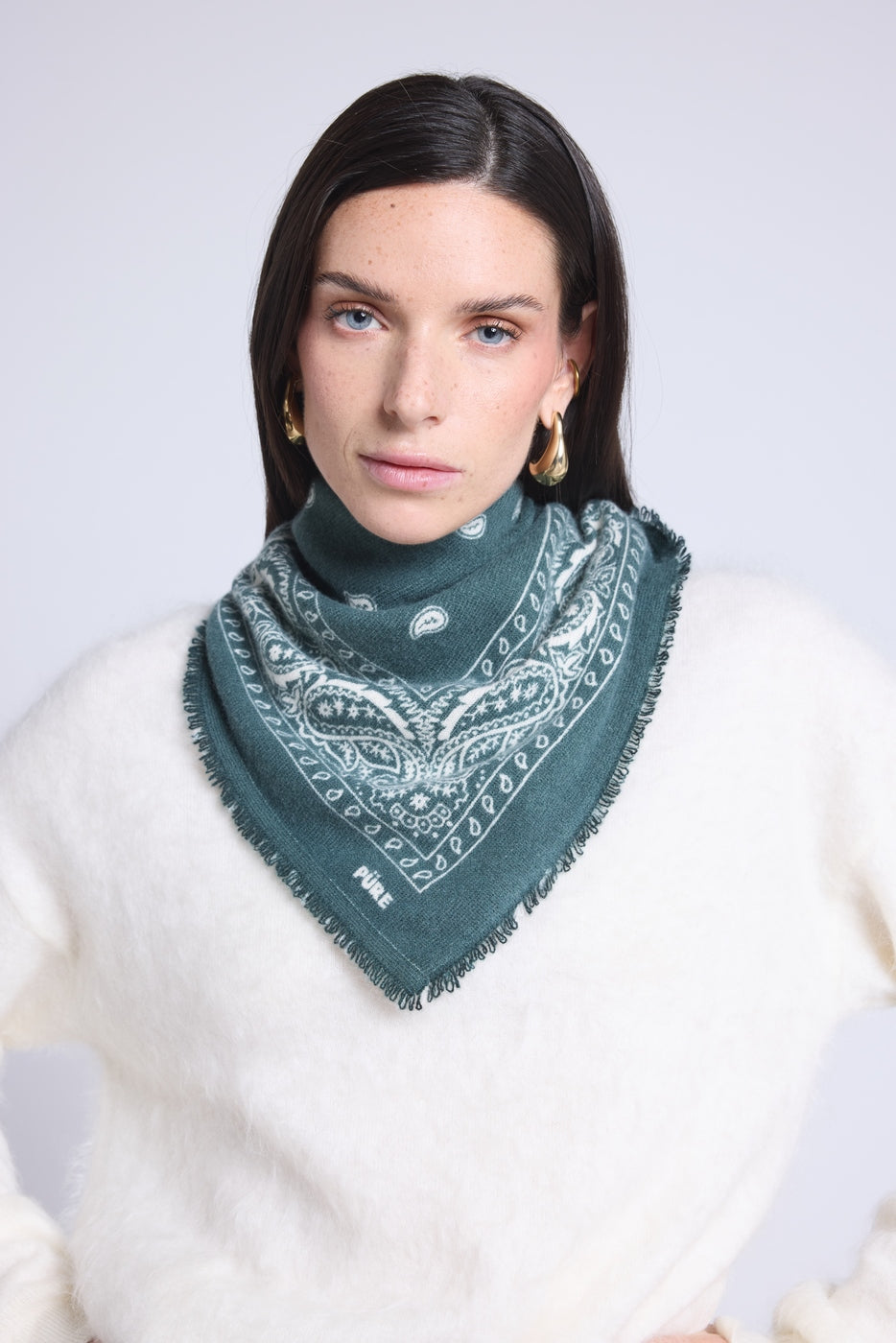 Atlas Presley Cashmere Bandana Scarf - Bottle Green & White - Mixed