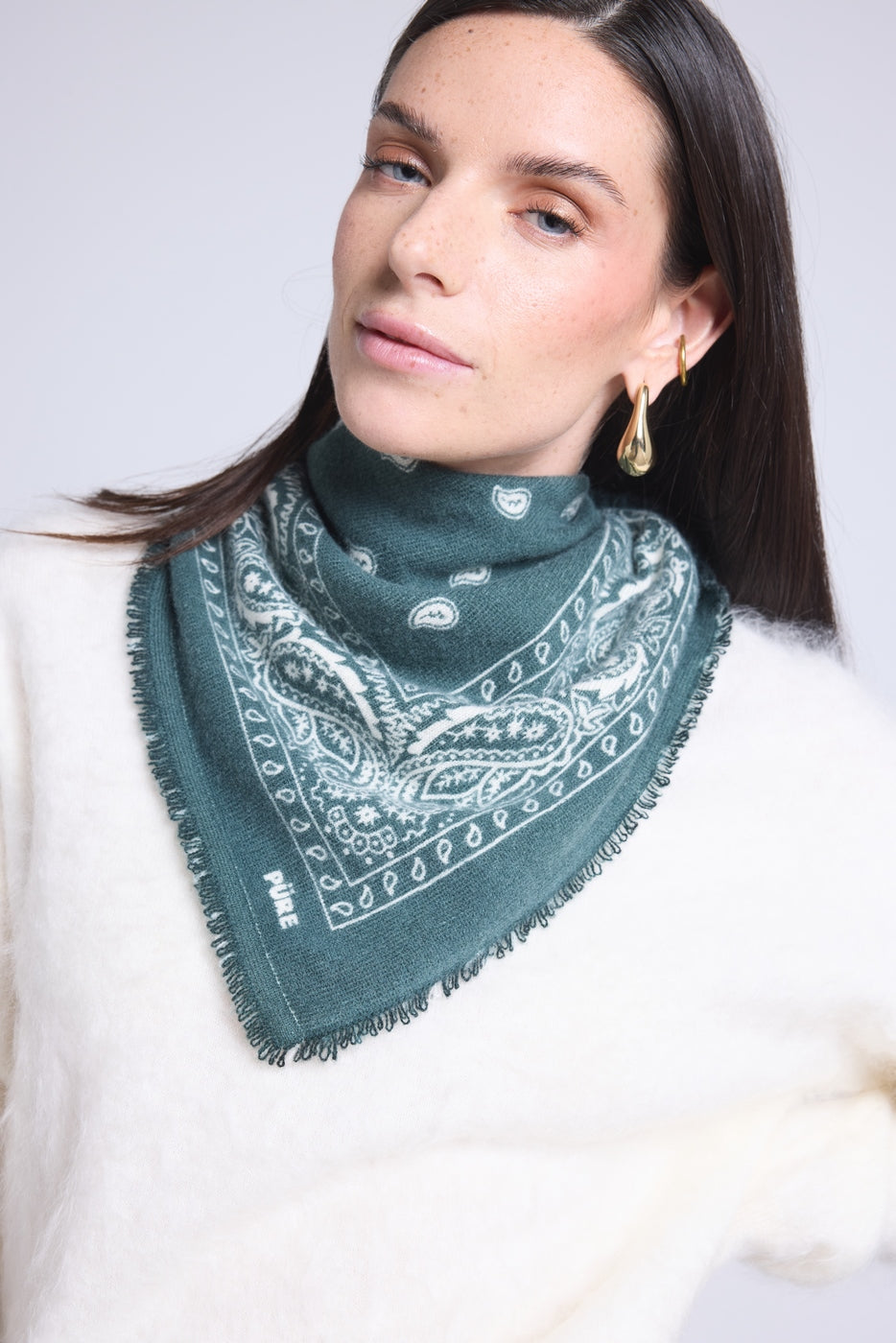 Atlas Presley Cashmere Bandana Scarf - Bottle Green & White - Mixed